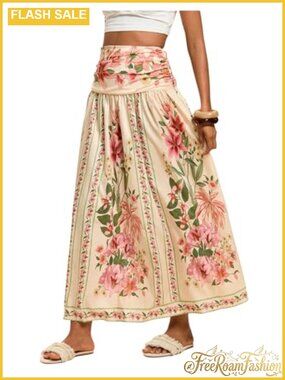 Boho Floral Print High Waisted A Line Maxi Skirt